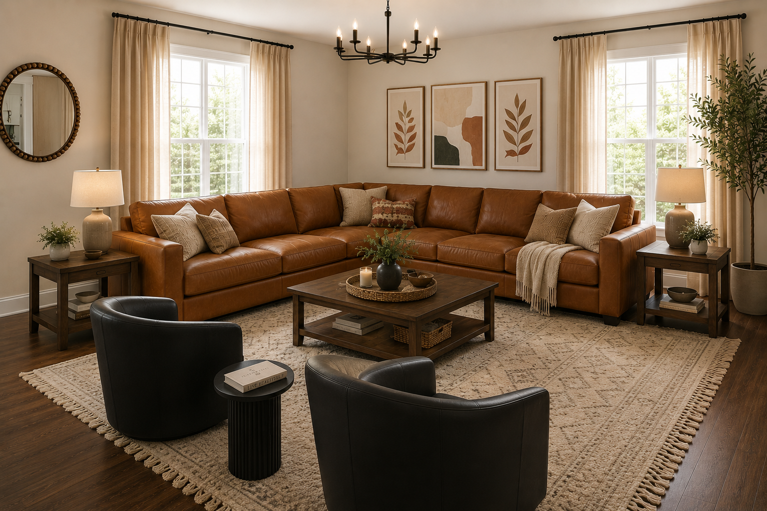 Bright living room with a tan leather sectional sofa, black accent chairs, warm wood tones and soft natural light