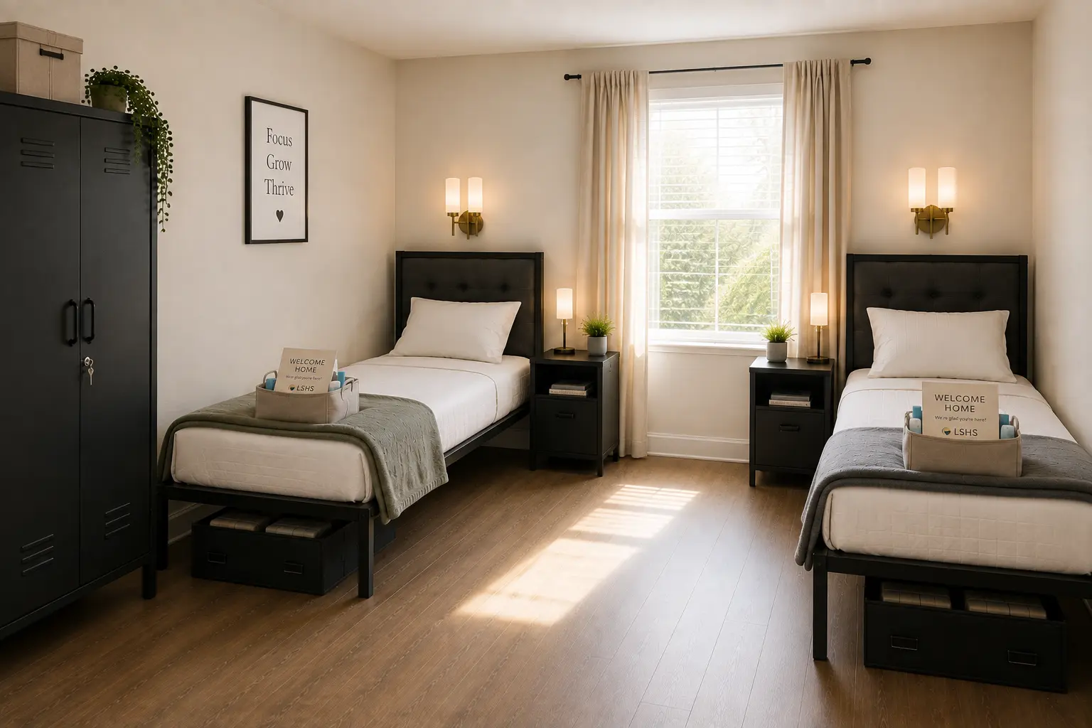 Bright shared bedroom with two neatly made beds and welcome baskets