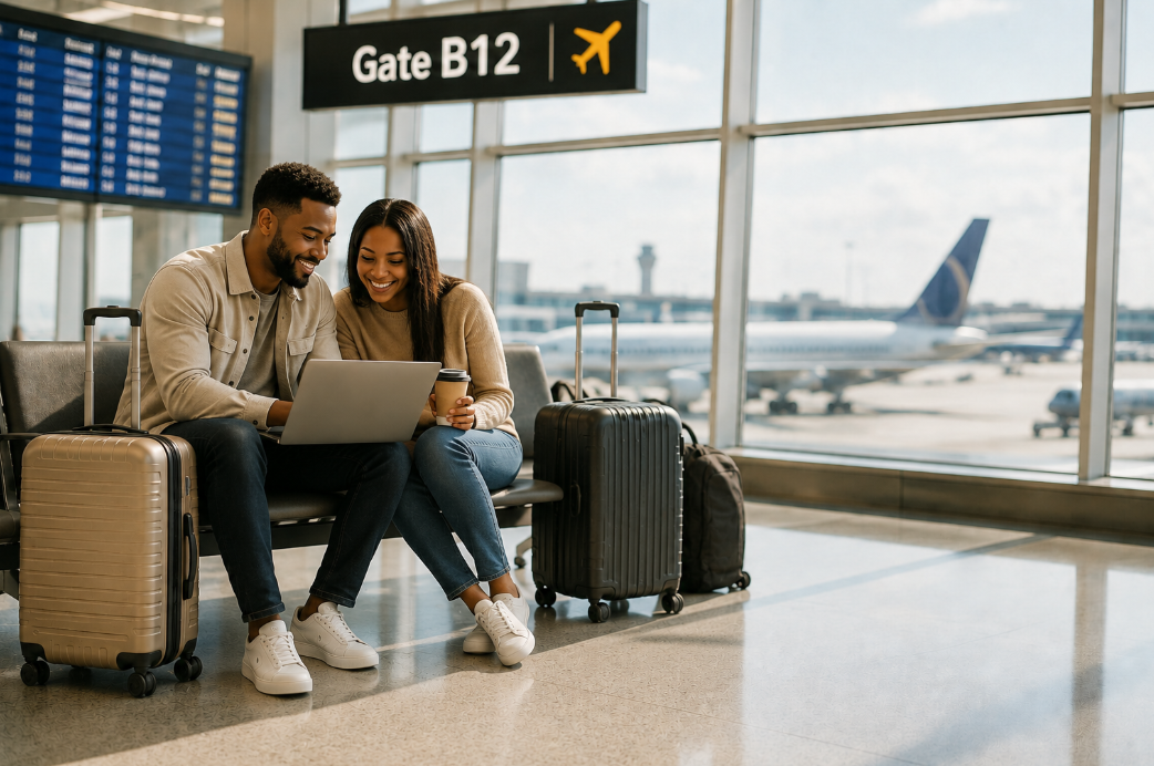 Two travelers with luggage seated at an airport gate, reviewing a laptop together