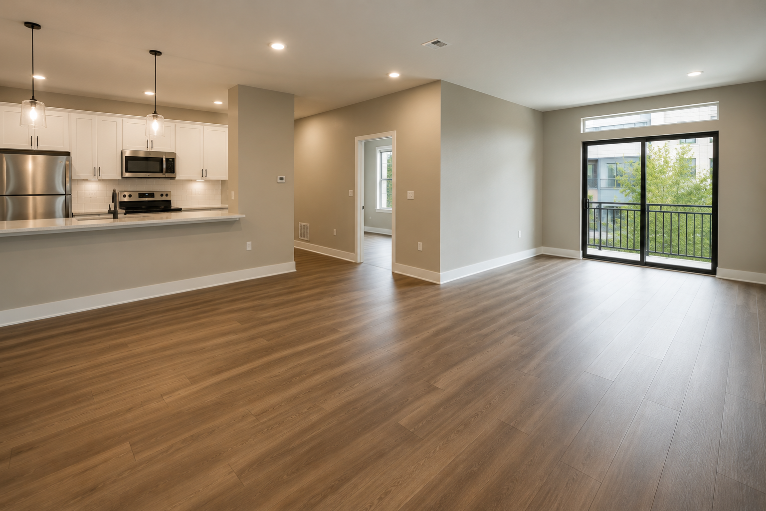 Bright open-concept apartment interior with modern kitchen, hardwood floors, and a glass door to a private balcony