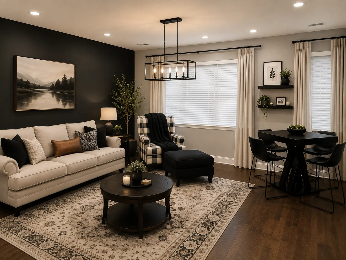 Warm furnished living space with soft seating and natural light