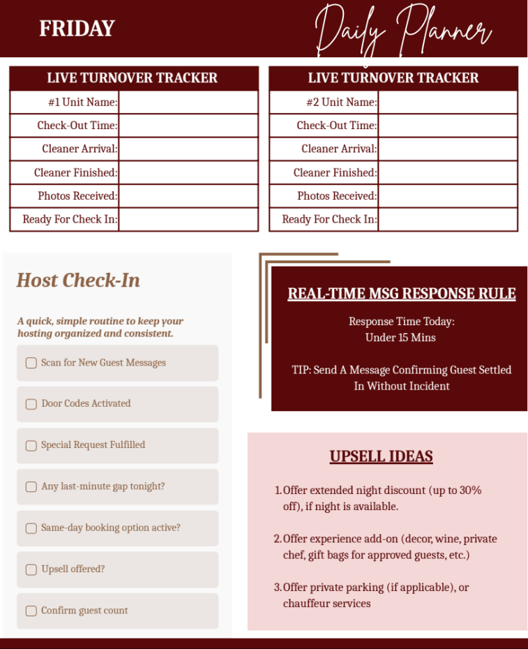 Interior preview page: Daily Planner with host check-in and turnover tracker