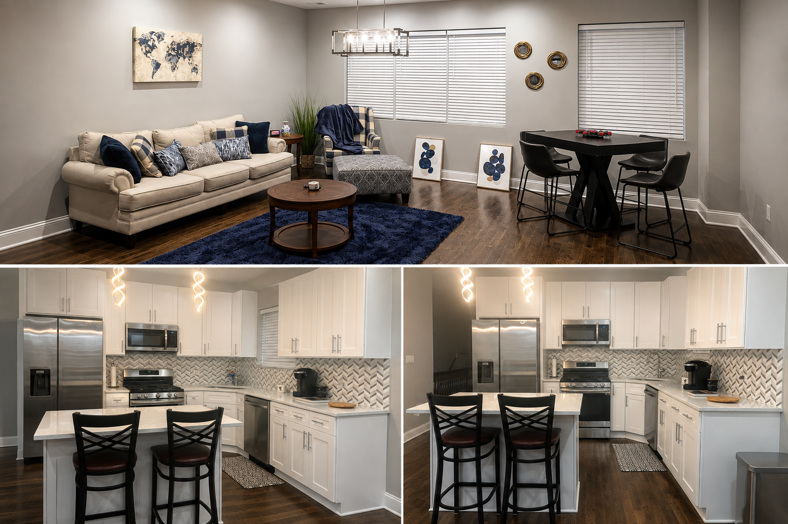 Living room with a cream sofa and navy rug alongside a bright white kitchen with island seating