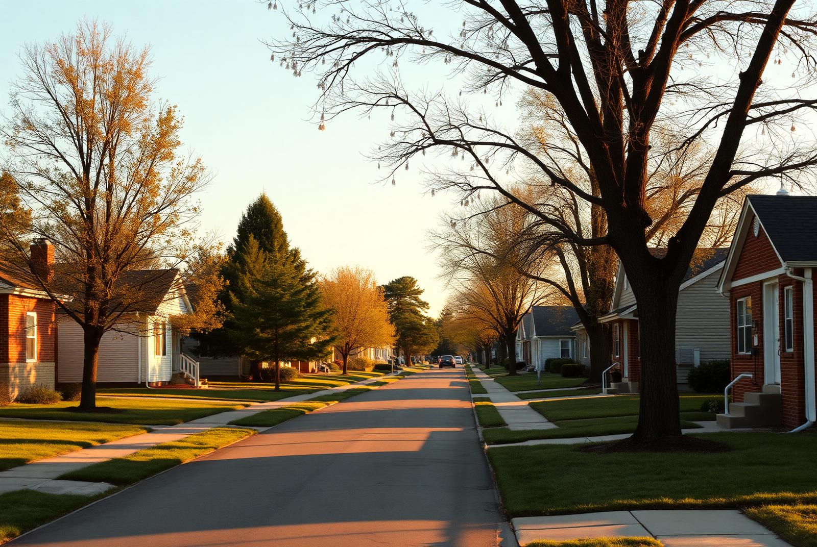 Tree-lined residential street in a Chicagoland suburb at golden hour