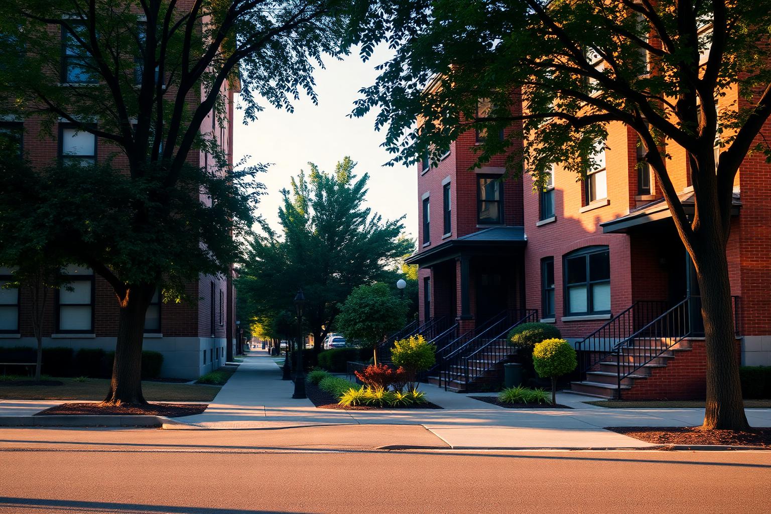 Brick residential apartment buildings and homes on a quiet tree-lined street